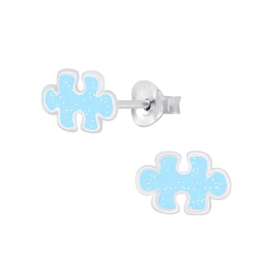 Joy|S - Zilveren puzzel oorbellen - glitter blauw - puzzelstukje oorknoppen
