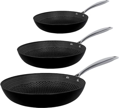Cook & Pan Honey 3-Delige Koekenpan Pannenset RVS Zwart - PFAS vrij - Alle Warmtebronnen - Koekenpannenset met 7 jaar Garantie - Krasbestendige Anti Aanbaklaag - Vaatwasserbestendig - Gas, Inductie, Elektrisch, Oven