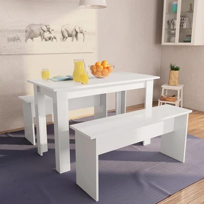 Eettafel set - Banken set - Gezellig eten - Stabiel en duurzaam - 3 delig - Wit