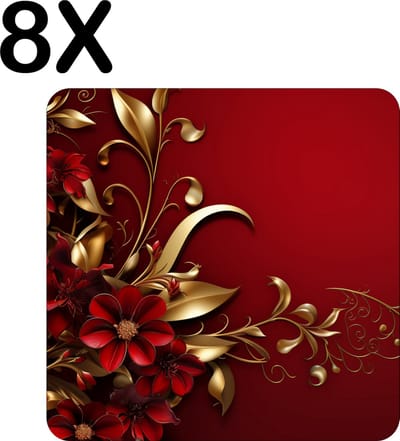 Luxe Placemat - Diep Rode Achtergrond met Rode en Gouden Bloemen - Set van 8 Placemats - 50x50 cm - 2 mm dik Vinyl - Anti Slip - Afneembaar