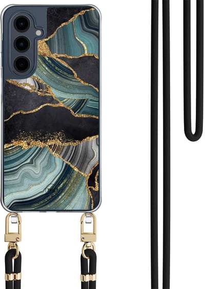 Telefoonhoesje met koord geschikt voor Samsung A16 - Marble jade stone - Inclusief Zwart koord - Transparant, Zwart - Print - Crossbody beschermhoes - Met Telefoonketting