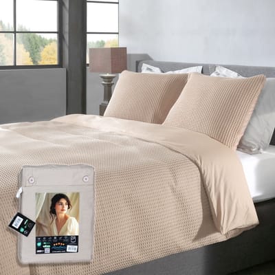 Wafel Dekbedovertrek – LitaLente Zand – 100% Katoen – 200x220 cm – Luxe & Ademend – Inclusief 2 Kussenslopen 60x70 cm – Hotelkwaliteit – Krimpvrij & Duurzaam – Geschikt voor Dekbed 200x220 cm