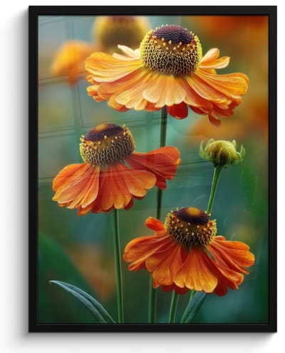 Poster in lijst - Fotolijst 50x70 cm - Posters - Oranje bloemen - Levendig - Wazige achtergrond - Posterlijst zwart - Decoratie - Wanddecoratie woonkamer - Muurdecoratie slaapkamer