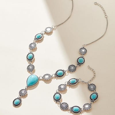 Boho Imitatie Turkoois Lange Hanger Kettingen Borstketting Armband Set Voor Vrouwen Punk Cubaanse Schakel Sleutelbeenketting Lichaamsjuwelen gray