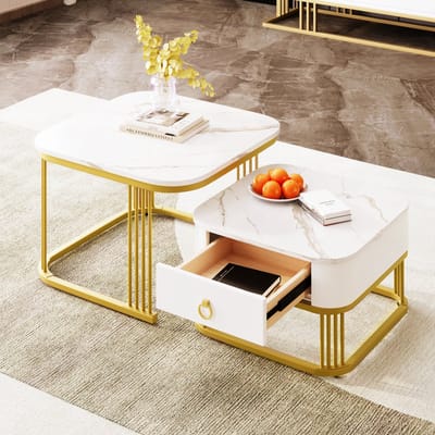 Salontafel Set - Stapelbaar - Marmerlook Salontafel 2-delig Met Lade - Gouden Accenten - Marmer - Wit Goud