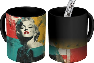 Magische Mok - Foto op Warmte Mokken - Koffiemok - Vrouw - Rode lippen - Abstracte kleurvlakken - Popartuistraling - Magic Mok - Beker - 350 ML - Theemok