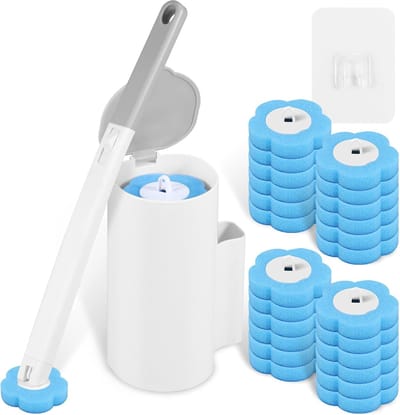 Toiletborstel Set Met 24 Hygiënische Vervangkoppen met Schoonmaakmiddel - 360° Grondige Reiniging - Kliksysteem & Opbergstation