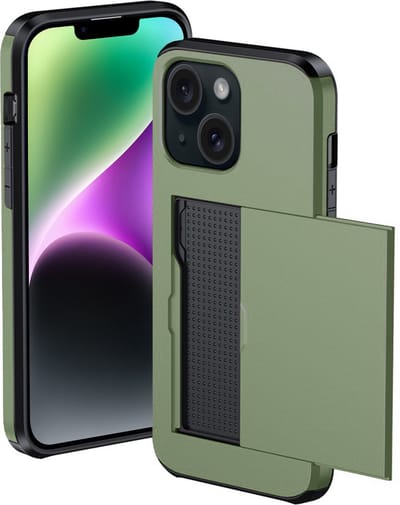 Hoesje Geschikt voor iPhone 14 Hoesje Met Pasjeshouder Hard Case Met Kaarthouder - Hoes Geschikt voor iPhone 14 Hoesje Pashouder Case - Donkergroen