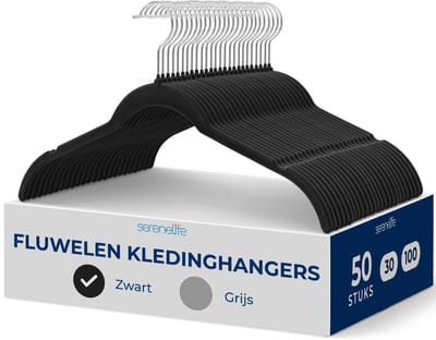 SereneLife Kledinghangers – 50-delige Set Fluwelen Hangers - Zwarte Antislip Hangers met Gemakkelijke Grip - 360° Draaibare Haak