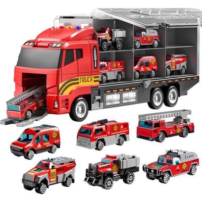 TEMI Speelgoed voor jongens van 3-5 jaar, brandweerwagen-speelgoedset met speelmat en die-cast speelgoedauto, transporttruck voor kinderen 3-5,