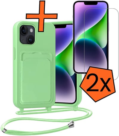 Hoesje Geschikt voor iPhone 13 Hoesje Met Telefoonketting Pasjeshouder Case Met 2x Screenprotector Koord - Hoesje Geschikt voor iPhone 13 Hoes Met Kaarthouder - Groen