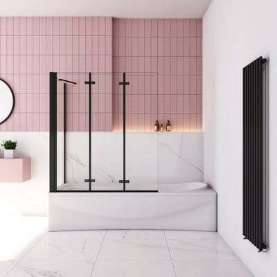 130x75x140cm Badscherm Badwanden Badwand 3 panelen vouwbaar met vast zijwand,6mm NANO helder ESG-veiligheidsglas- mat zwart profiel