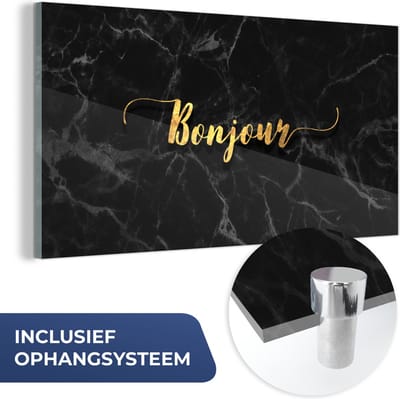 MuchoWow® Glasschilderij 40x20 cm - Schilderij acrylglas - Quote - Bonjour - Goud - Marmer - Foto op glas - Schilderijen
