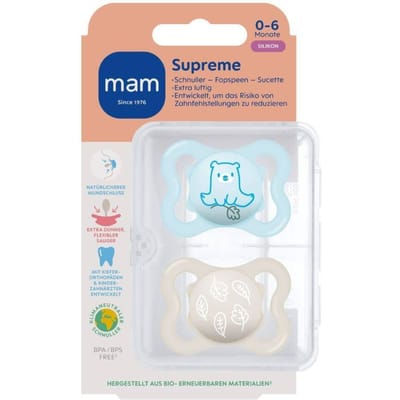 MAM Supreme Silikon Fopspeen 0-6 mnd Blauw 2 stuks