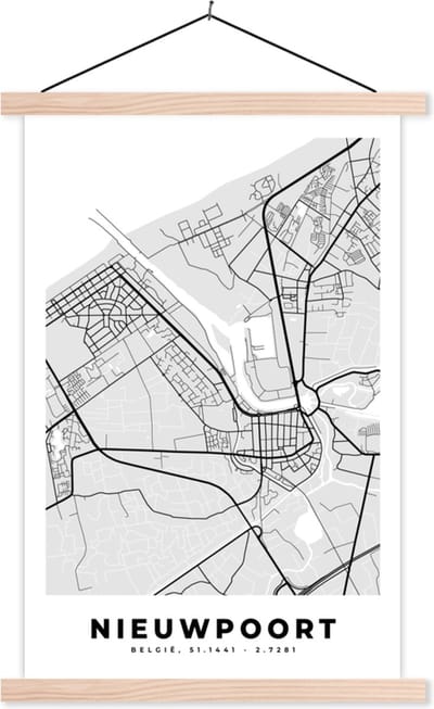 Posterhanger incl. Poster 40x60 cm - Schoolplaat - België – Nieuwpoort – Stadskaart – Kaart – Zwart Wit – Plattegrond - Textielposter - Blanke latten - Stadskaart