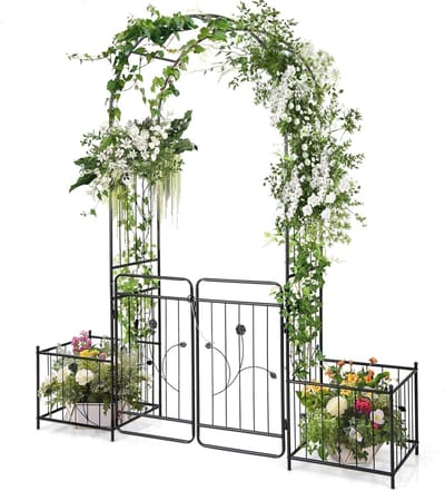 COSTWAY Rozenboog met deur, tuinboog van metaal, poortboog met 2 plantenbakken, klimboog voor klimplanten, klimhulp, rankrooster, rozenspellis, voor bruiloft, feesten, tuin, zwart, 202 x 50 x 220 cm