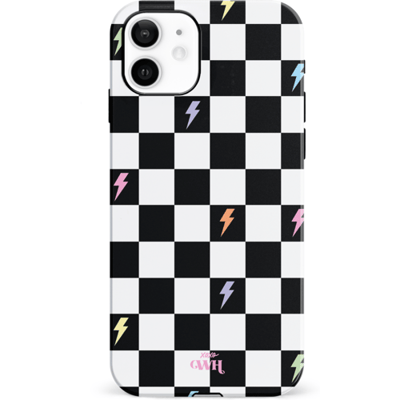 xoxo Wildhearts Thunderstruck - Double Layer - Hard Case geschikt voor iPhone 12 hoesje - Bliksem hoesje - Dames hoesje geschikt voor iPhone 12 hoesje - Case geschikt voor iPhone 12 hoesje - beschermhoes - geblokt - zwart / wit