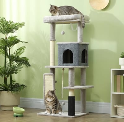 MEUNIQ Krabpaal 132 cm met kattenhuis, kattenbed, krabpalen, springplatforms, verzorgingsborstel en speeltjes, kattenboom voor 1-2 katten tot 6 kg, lichtgrijs