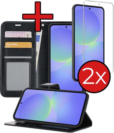 Hoesje - Met 2x Screenprotector - Geschikt voor Samsung Galaxy A36 - Luxe Pasjeshouder - Flip Case - Bookcase Portemonee - Kunstleer Book Case - Flipcase Hoes - Book Cover - Walletcase - Portemonneehoes - Telefoonhoes - Zwart
