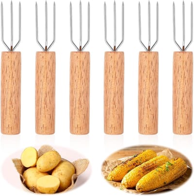 Set van 6 herbruikbare aardappelvorken en maïsvorken van hout en roestvrij staal, ideaal voor barbecue en grillgerechten, 10,5 cm lang