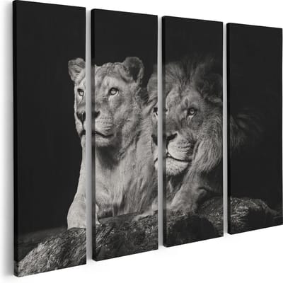 Artaza Canvas Schilderij Vierluik Leeuw En Leeuwin - Zwart Wit - 80x60 - Foto Op Canvas - Canvas Print