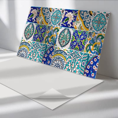 Wallfluent Vinyl Wandpaneel - Keramische patronen in mozaïek PVC Muurpaneel - 100 cm x 50 cm - Blauw PVC wandpaneel - 1 stuk - Rechthoekig Wandbekleding Vinyl - Texturen Wandpaneel - Zelfklevende Wandbekleding - Wandpaneel Keuken en Badkamer
