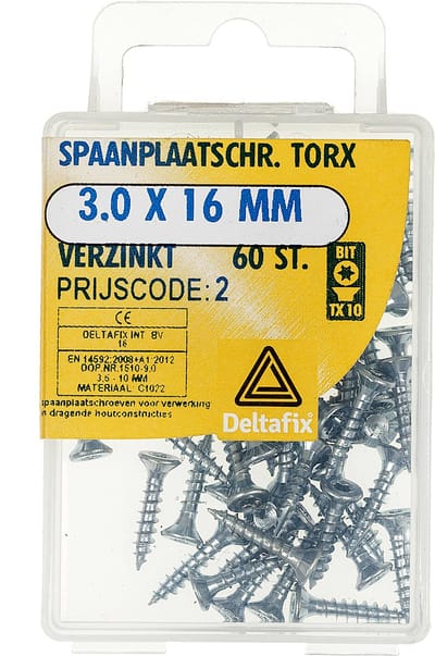 Deltafix spaanplaatschroef platkop / torx / met nibs / type 17 snijpunt verzinkt 3.0 x 16 mm 60 stuks