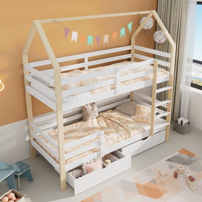 STILVORA Houten huisbed 90x200 cm – Kinderbed met veiligheidsleuningen – Grote opberglades – Massief grenenhout – Wit+Eiken – Zonder matras