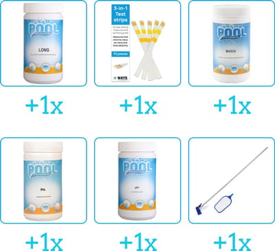 Zwembad Onderhoudspakket - Onderhoud Zwembad - bevat Chloor - Testrips - Chloor - PH-min - PH-plus en Schoonmaakset (6-delig)