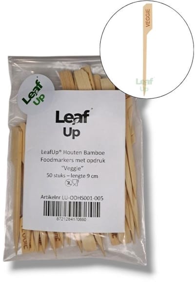 LeafUp® Foodmarkers – Bamboe Spiesjes – 50 stuks – 9 cm – Met Opdruk “Veggie” (B6)
