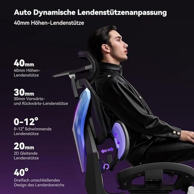 Ergonomische Gamingstoel 48x54,5x79 cm RGB Audio Sync – 4D Armleuningen, 3-Zone Lendensteun, 140° Verstelbaar, Mesh & PU – Luxe Gaming & Bureaustoel met Memory Foam Hoofdkussen – Zwart RGB