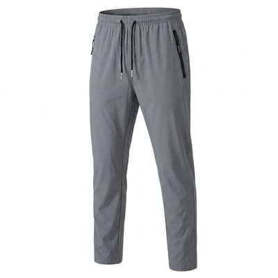 Grijze fitness broek heren sport broek met rits zakken elastische tailleband trekkoord high stretch trainings broek lichtgewicht sportieve jogging broek