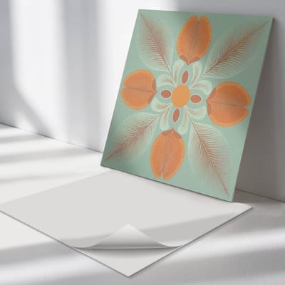 Wallfluent Vinyl Tegels - Bloemenpatroon met Bladeren Vinyl Tegels Zelfklevend - 30 cm x 30 cm - Oranje PVC Tegels - Set van 9 - Vierkant PVC Tegels - Bloemen en Planten Plaktegels - Zelfklevende Vinyltegels - Plaktegels Keuken en Badkamer