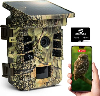 Camtura® Wildcamera met Zonnepaneel - Oplaadbaar - Met Nachtzicht en WiFi - Wildlife Camera - Smartphone App - No Glow - 4K & 60MP