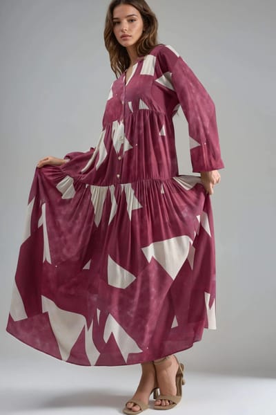 Geprinte Lange Mouw Viscose Maxi Jurk