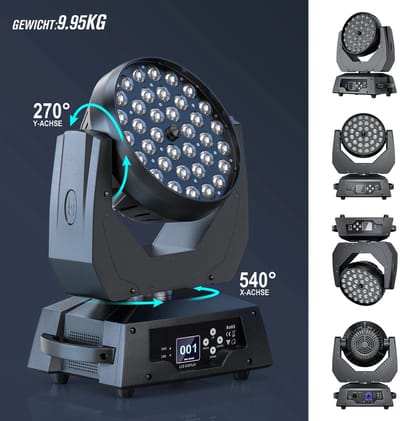 Moving Head Licht – Beam Licht – Wash Licht – Zoom Licht – Bewegend Hoofd – 36x18W LED – Intuïtief LCD Touchscreen – DMX512 Compatibel – EU Plug