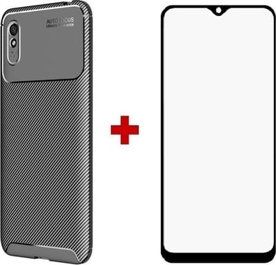 Silicone gel zwart hoesje Xiaomi Redmi 9A met full cover glas screenprotector