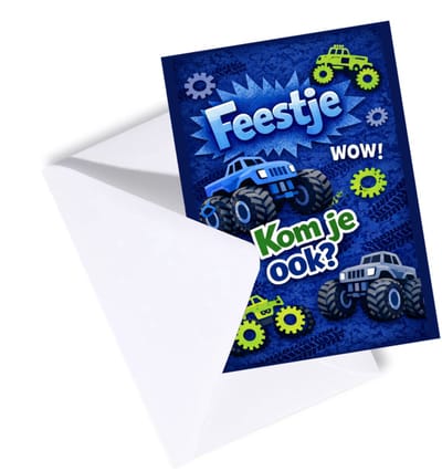 Uitnodiging kinderfeestje - Uitnodigingskaarten - Set 10 stuks met enveloppen - Jongen - Monstertrucks