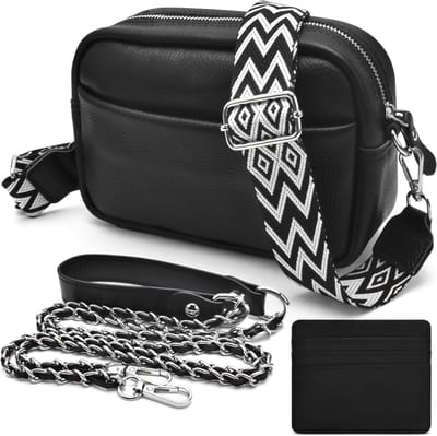 Genuine Leather Schoudertas voor Mobiele Telefoon, Crossbody Tas met 2 Brede Schouderbanden, Kaarthouder en Zwart Leer voor Dames