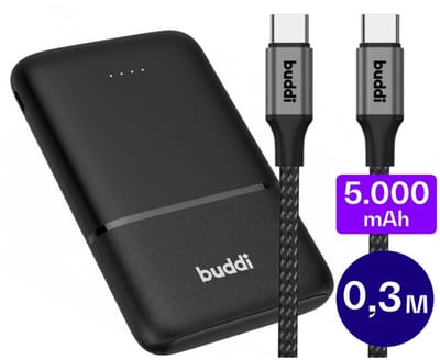 Buddi Go Compacte Powerbank 5.000 mAh met Buddi Flex USB-C naar USB-C Kabel 60W 30cm | Compact Reisformaat | 60W Power Delivery | Snelladen Smartphone en Tablet | Ideaal voor Onderweg | Zwart