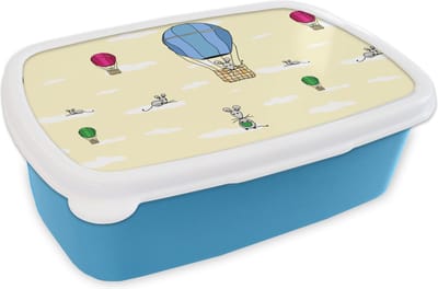 Broodtrommel Blauw - Lunchbox - Brooddoos - Patroon - Muis - Luchtballon - 18x12x6 cm - Kinderen - Jongen