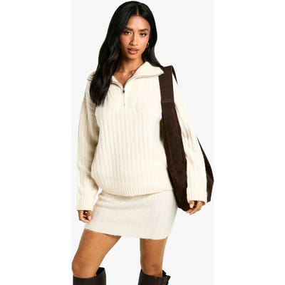 boohoo Dames Petite Soft Knit Thick Rib Zip Neck Oversized Jumper And Mini Skirt Set | Ecru | Maat: Large