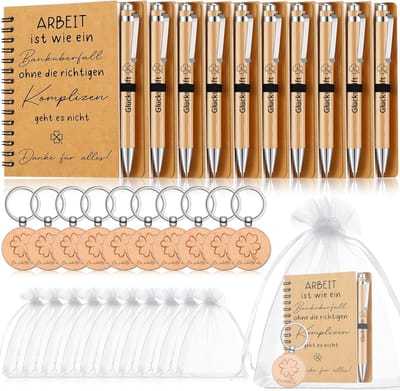 10 Inspirerende Bedankbriefjes met Notitieblok, Houten Balpen en Sleutelhanger - Perfecte Cadeaus voor Collega's en Verandering van Baan