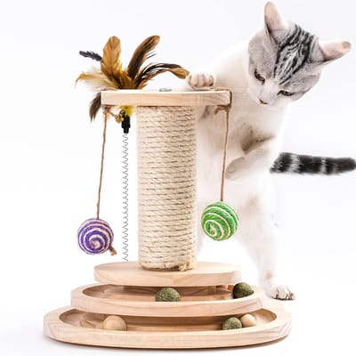 Krabpaal voor Katten - Massief hout - Drielagig Draaiend Element - Met Kattenspeeltje - 3-in-1 Speelbal voor Kittens - Draaiend Element + Krabpaal + Speelbal + Hangbal