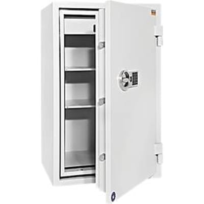 Kluis Salvus Venezia 93 EL, brandwerendheid LFS 60P volgens EN 15659, veiligheidsniveau S 2, elektronisch slot, 2 legplanken en 1 uittrekbare lade, B 565 x D 450 x H 972 mm, lichtgrijs RAL 7035