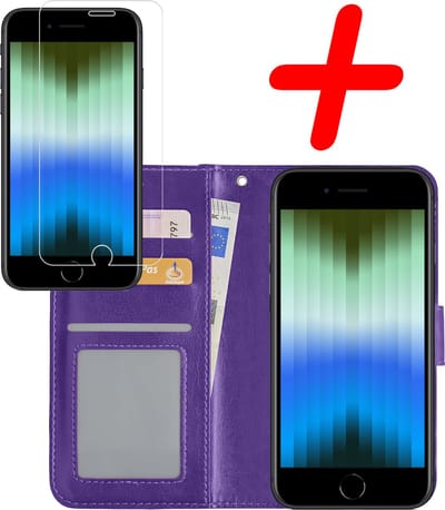 Hoesje Met Screenprotector - Geschikt voor Apple iPhone SE (2022) - Luxe Pasjeshouder - Bookcase Portemonee - Flip Case - Kunstleer Book Case - Flipcase - Book Cover - Walletcase - Portemonneehoes - Paars