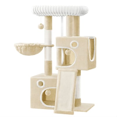 Krabpaal – Voor Katten – 98 cm Kleine Kattenboom, Ruim en Stevig met Groot Zacht Platform, Kattenhol en Speelballetjes – Beige