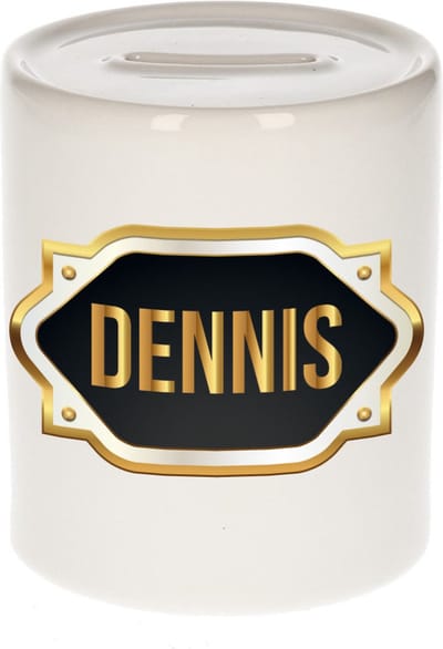 Spaarpot met voornaam Dennis - wit - met goud/zwart embleem - 8 x 9 cm - keramiek - met afsluitdop - cadeau verjaardag