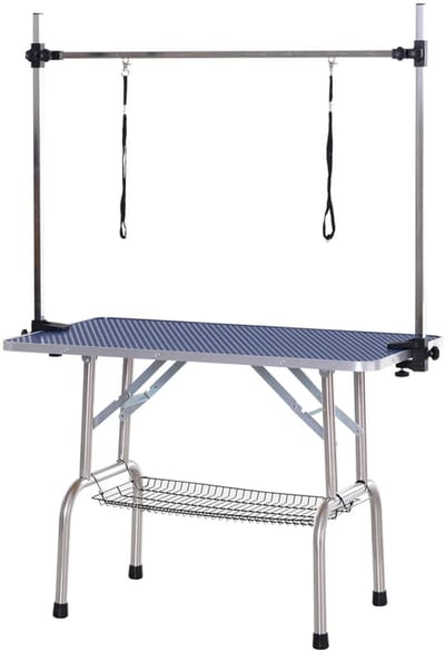 Trimtafel EazyGroomer RVS - Anti-Slip Werkblad - Dubbele Trimarm - Met Trimlussen - Voor Hond en Puppy - Hondenverzorging - Inklapbaar - Stevige metalen poten - 118 x 60 x 75H cm