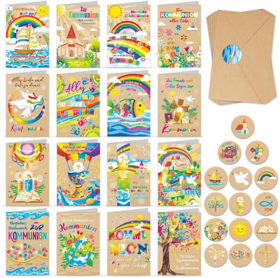 Dailygoods- Communiekaarten Set van 16 - Kraftpapier - Gelukwenskaarten - Klappkaarten - Communie Kaartenset - Inclusief Enveloppen